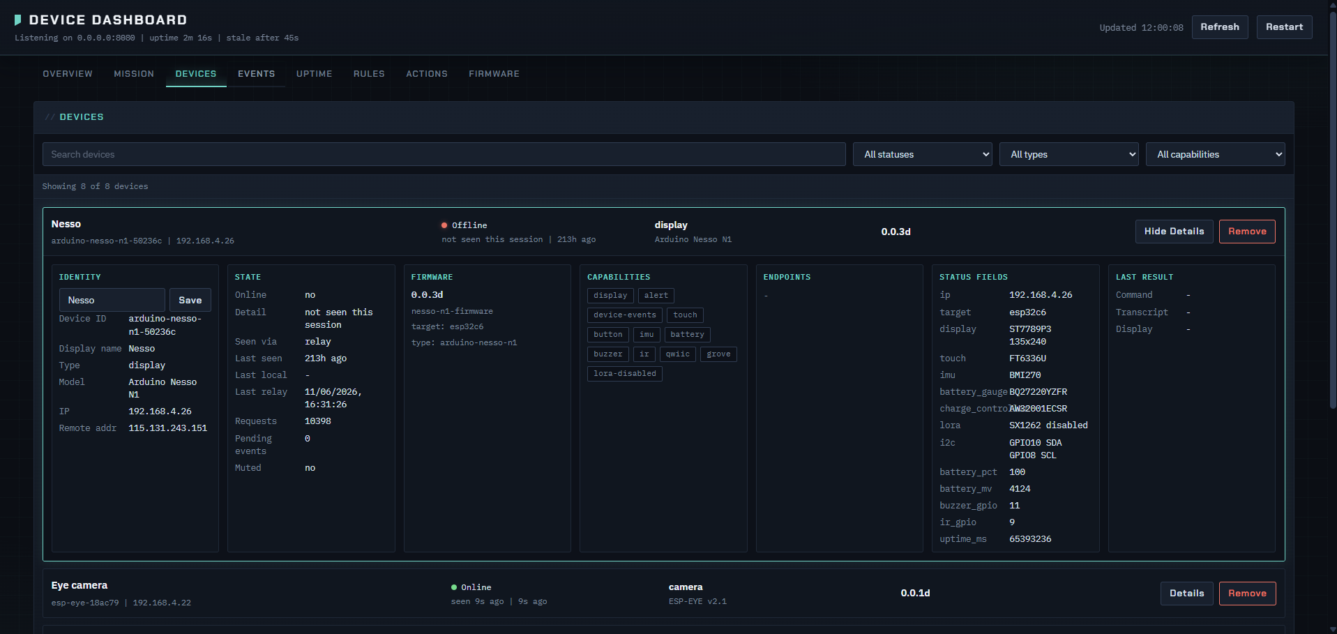 Device details — firmware version, capabilities, and event queue